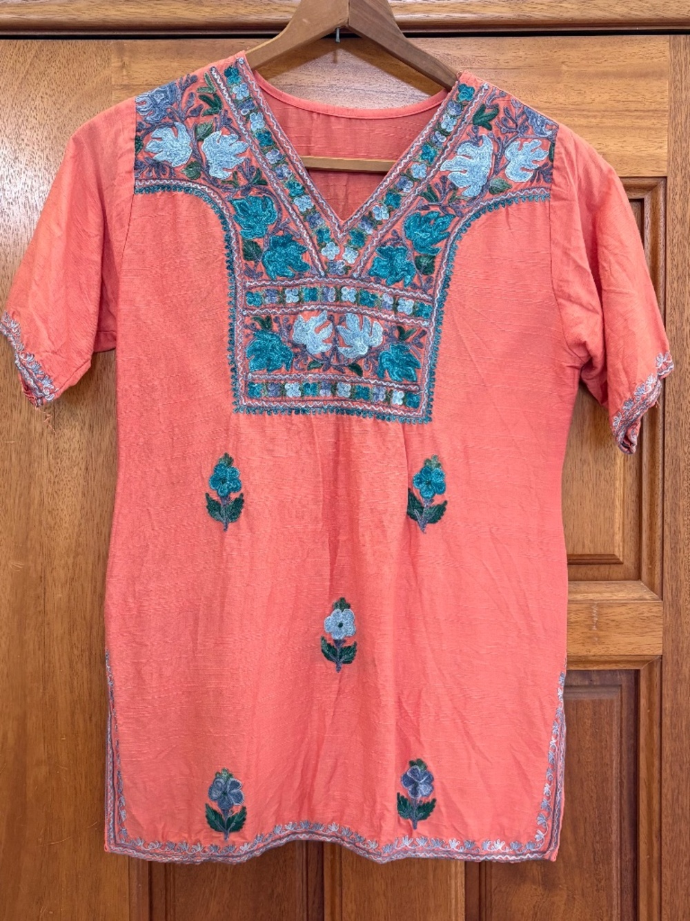 Vintage Indian Embroidered Silk Tunic Small Coral Pink Boho Kurta
